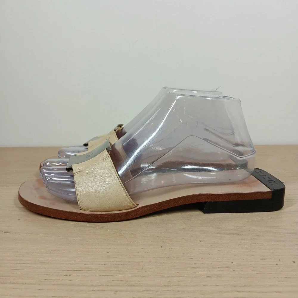 Gucci Sandals Womens 8 Ivory Leather Slide Wooden Flat Horsebit Italy - Picture 4 of 10